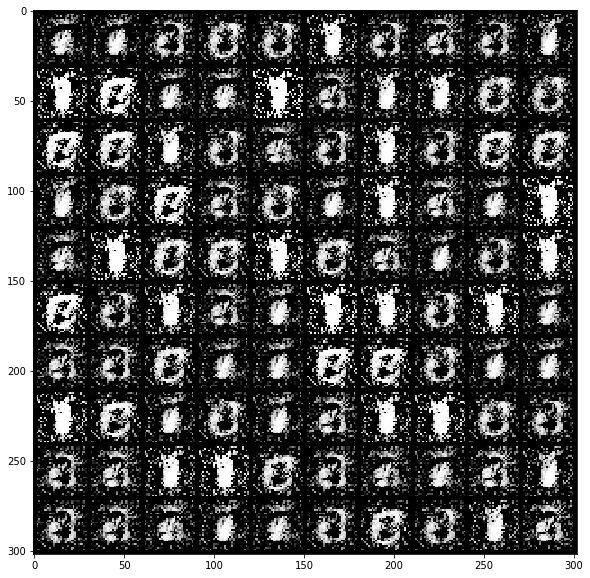 Softmax GAN after 1 epoch, 100 samples.